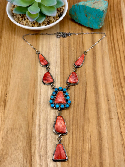 Red Spiny and Kingman Turquoise Sterling Lariat