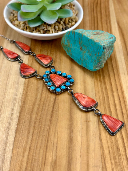 Red Spiny and Kingman Turquoise Sterling Lariat