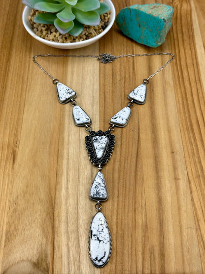 White Buffalo and Onyx Cluster Sterling Lariat