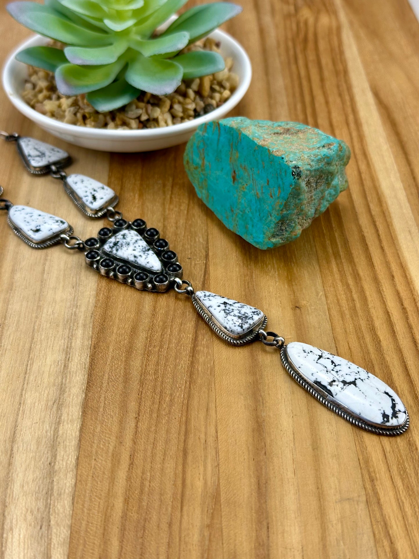 White Buffalo and Onyx Cluster Sterling Lariat