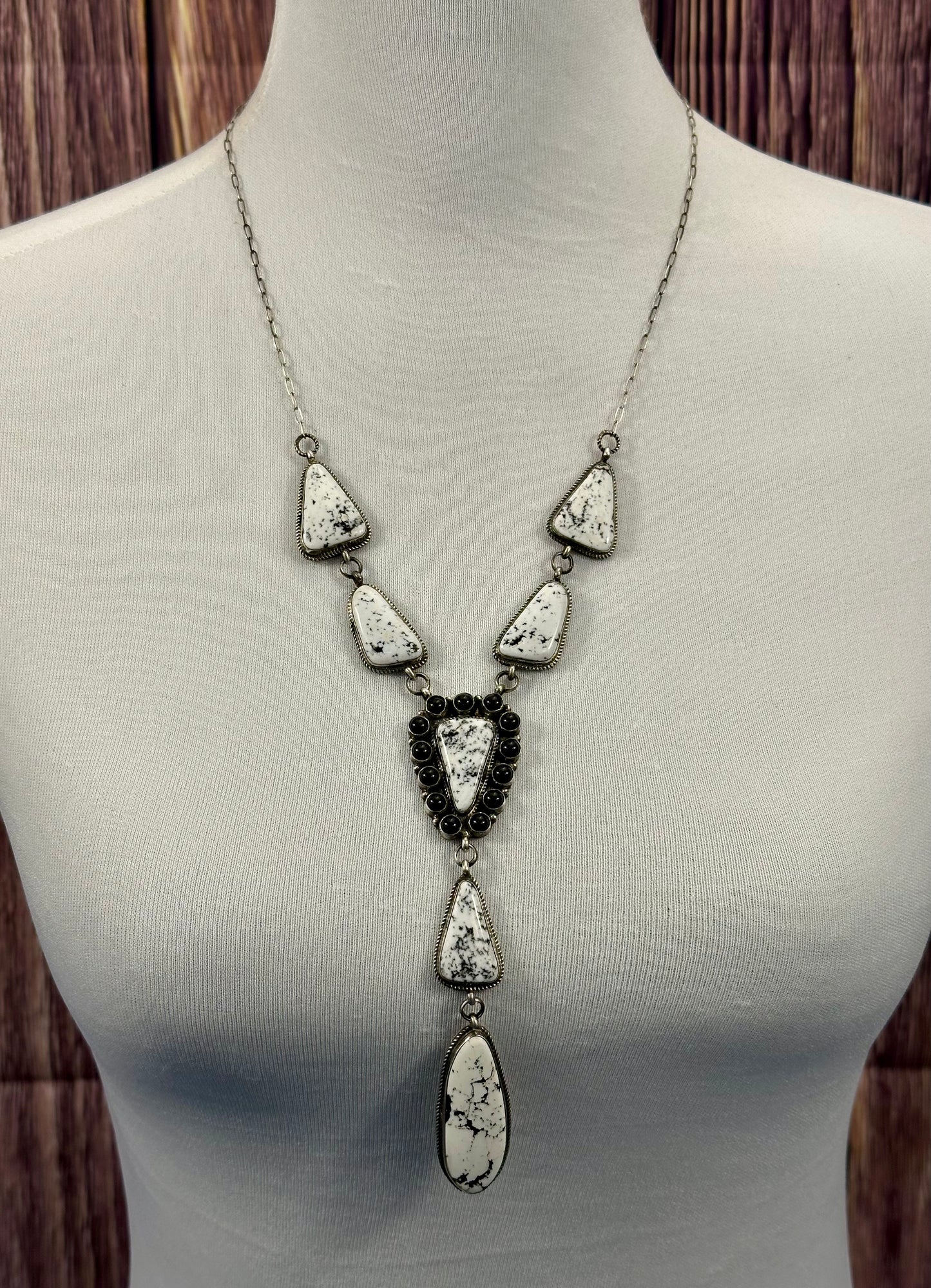 White Buffalo and Onyx Cluster Sterling Lariat