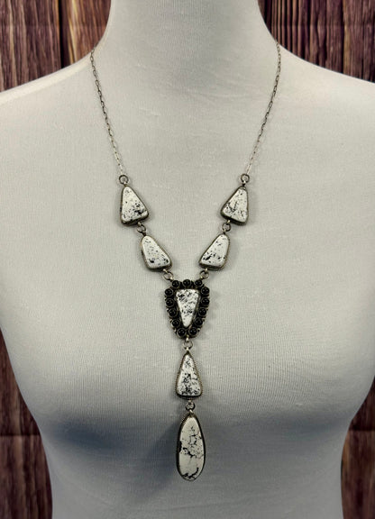 White Buffalo and Onyx Cluster Sterling Lariat