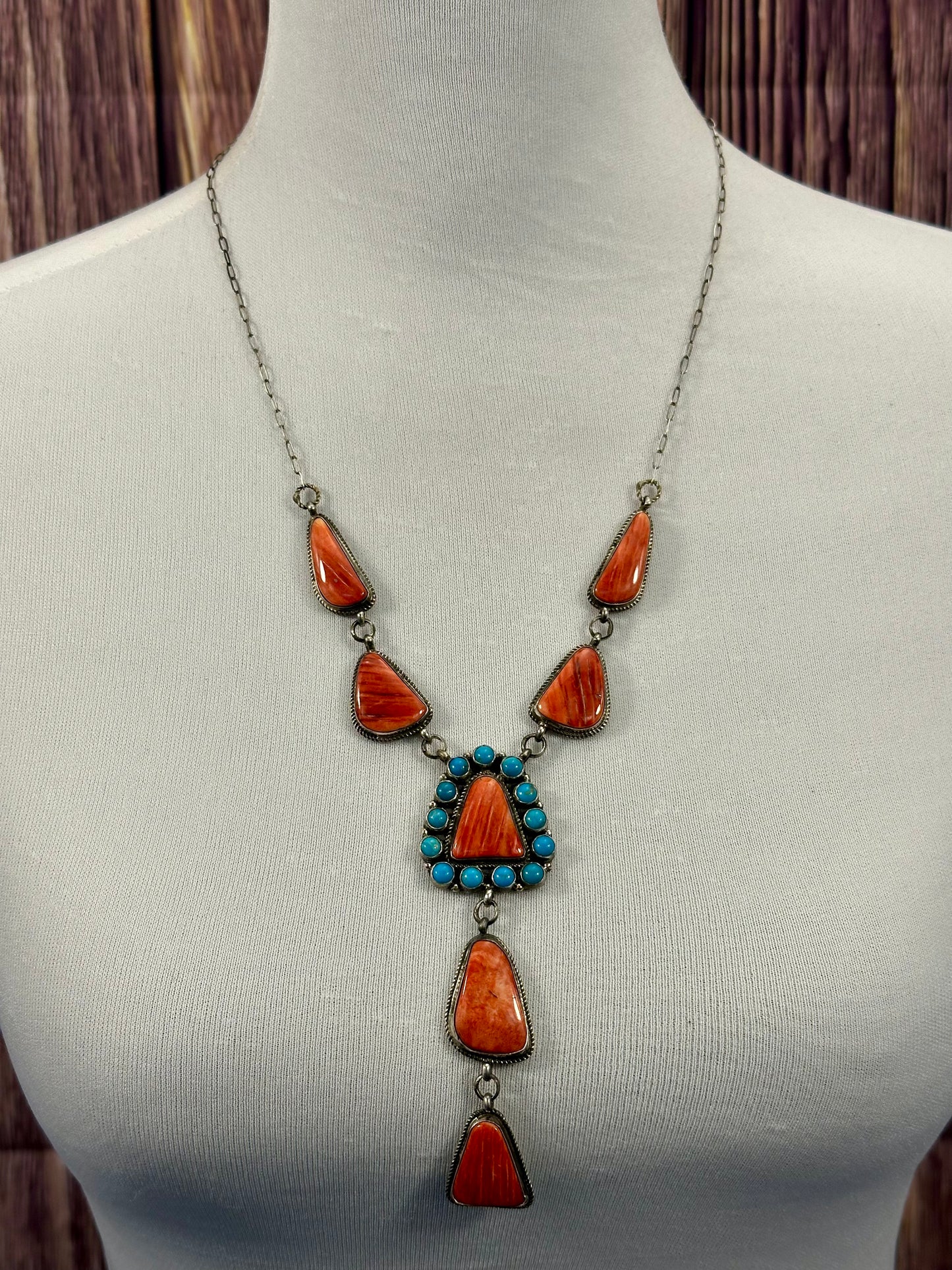 Red Spiny and Kingman Turquoise Sterling Lariat