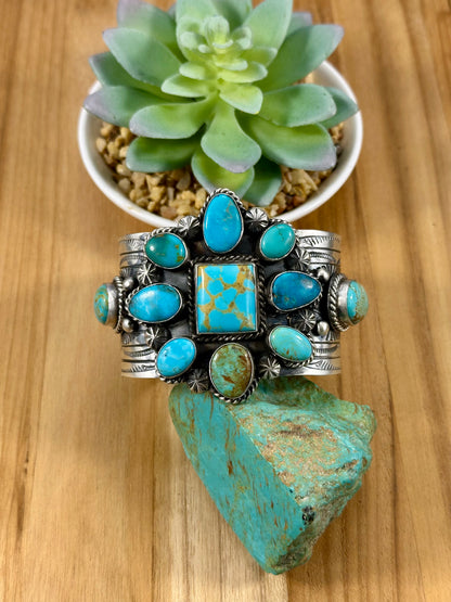Kingman Turquoise Floral Cluster Sterling Cuff