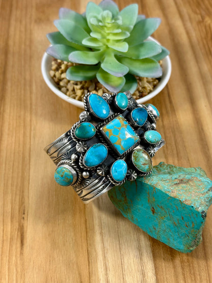 Kingman Turquoise Floral Cluster Sterling Cuff