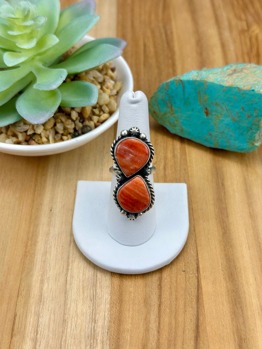 Red Spiny 2 Stone Sterling Silver Ring