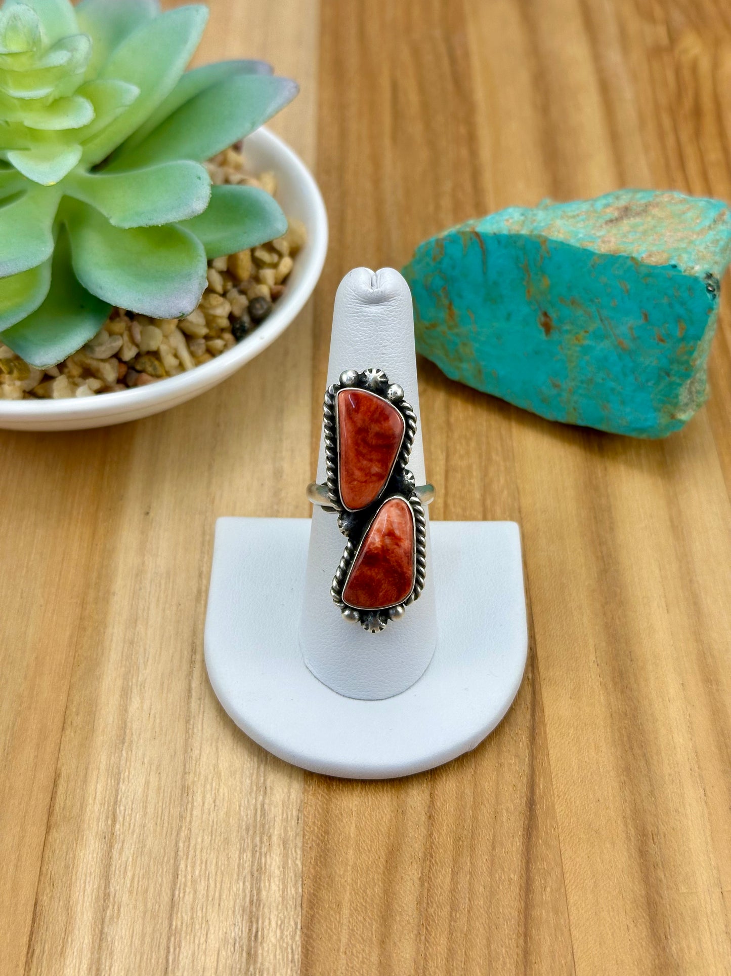 Red Spiny 2 Stone Sterling Ring