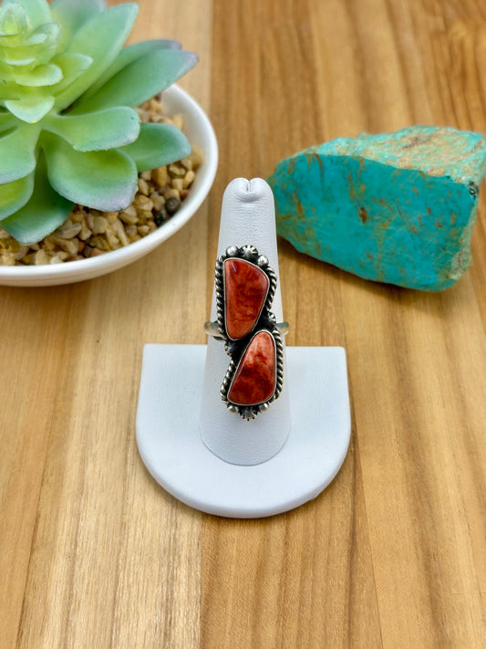 Red Spiny 2 Stone Sterling Ring