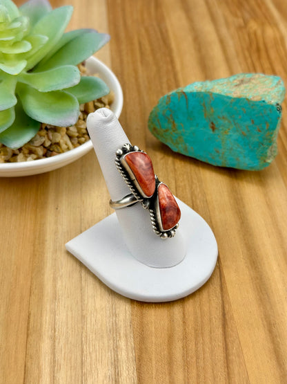 Red Spiny 2 Stone Sterling Ring