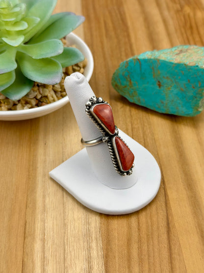 Red Spiny 2 Stone Sterling Silver Ring