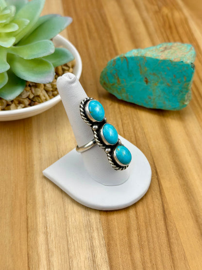 Kingman Turquoise 3 Stone Sterling Ring