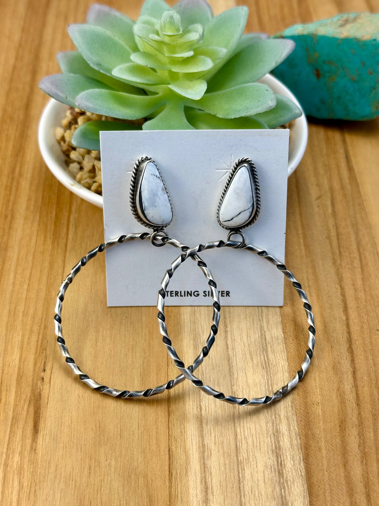 White Buffalo Single Stone Hoop Earrings