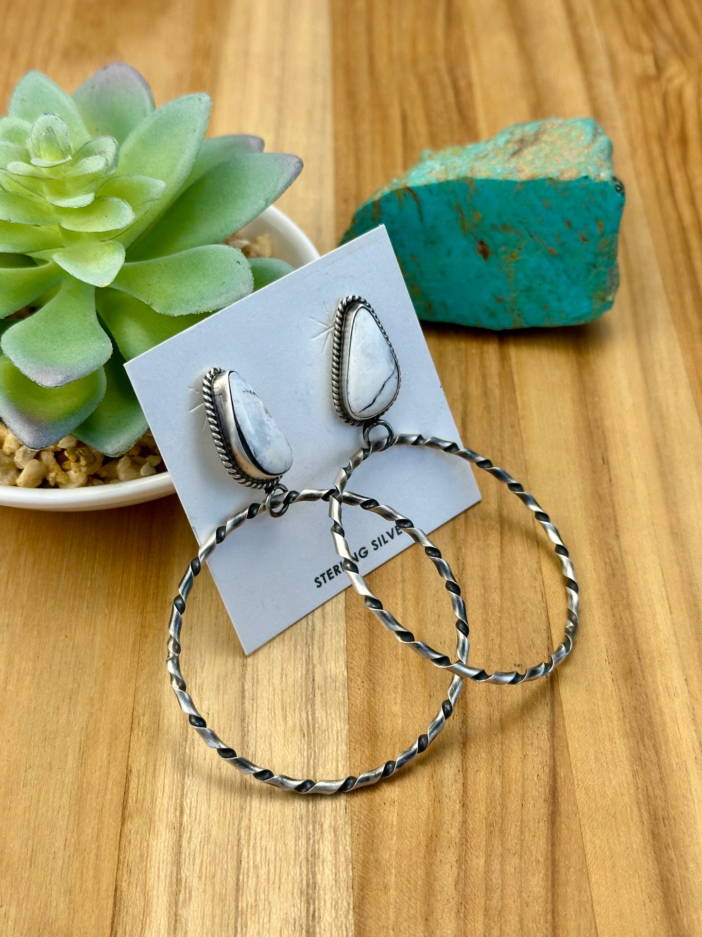 White Buffalo Single Stone Hoop Earrings