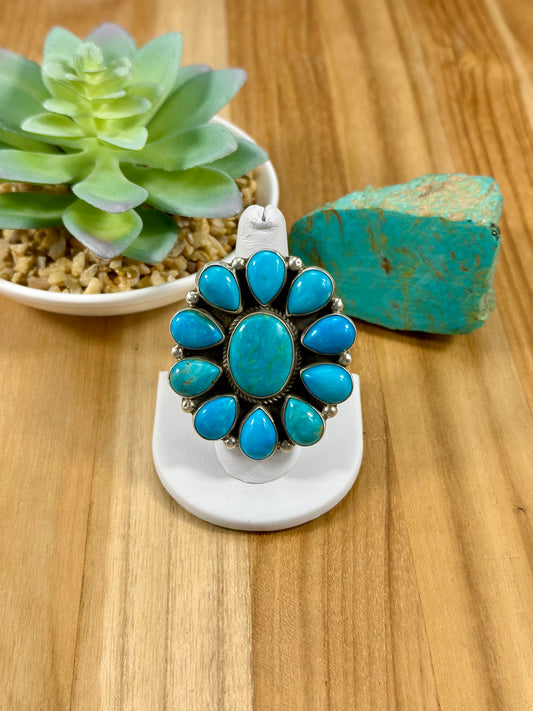Kingman Turquoise Floral Cluster Sterling Ring