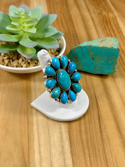 Kingman Turquoise Floral Cluster Sterling Ring