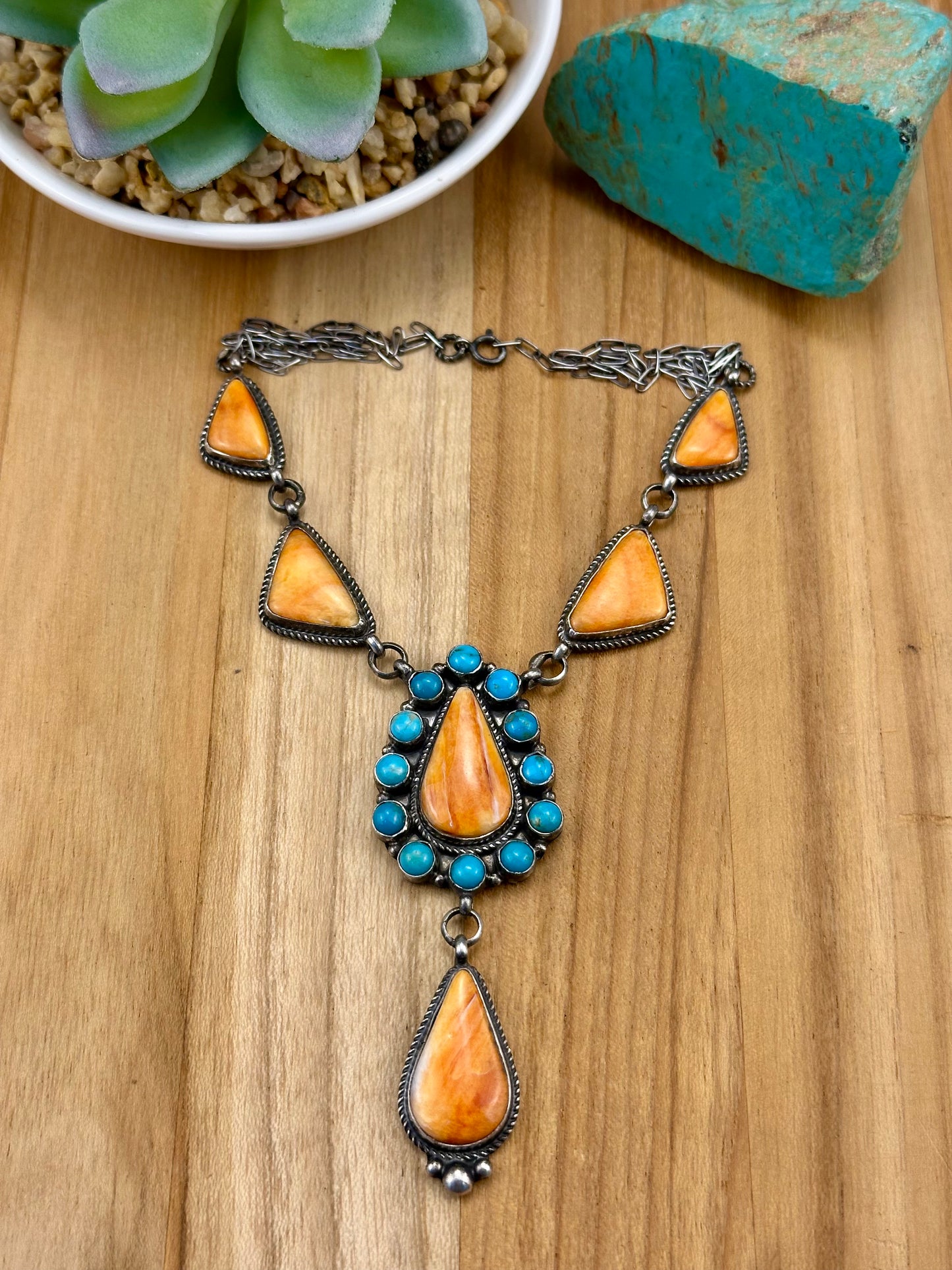 Orange Spiny and Kingman Turquoise Sterling Lariat