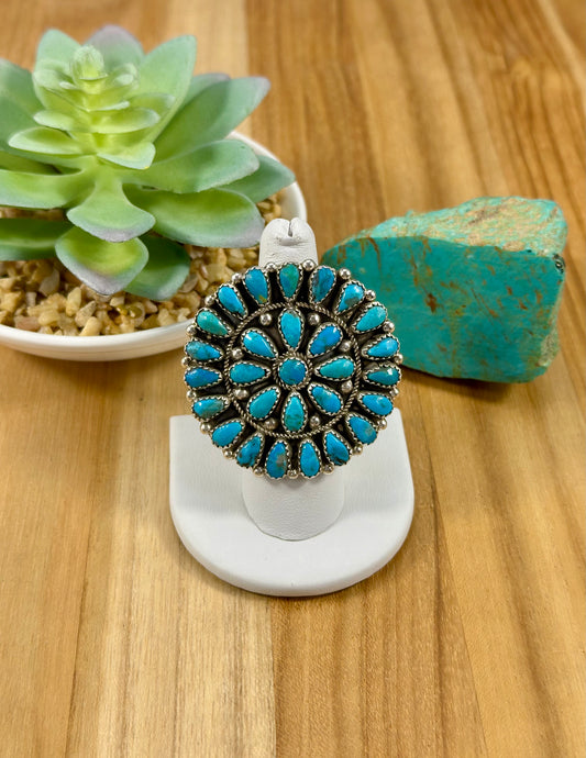 Kingman Turquoise Floral Cluster Sterling Ring