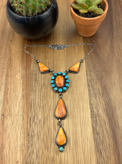 Orange Spiny & Kingman Turquoise Cluster Lariat Necklace