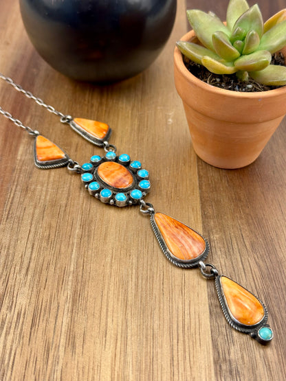 Orange Spiny & Kingman Turquoise Cluster Lariat Necklace