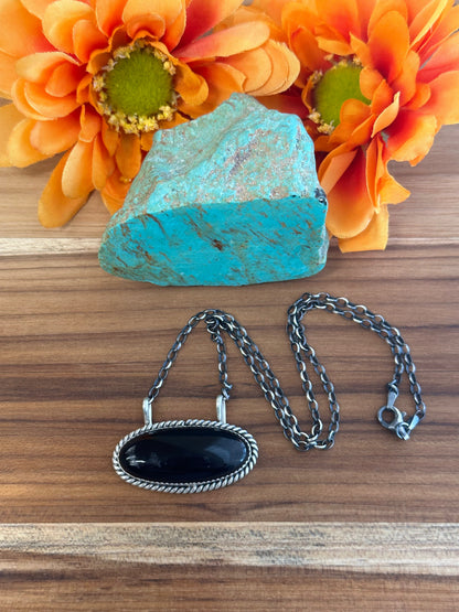 Black Onyx Oval Sterling Silver Necklace