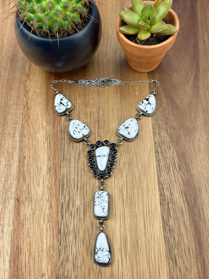White Buffalo & Onyx Sterling Lariat Necklace