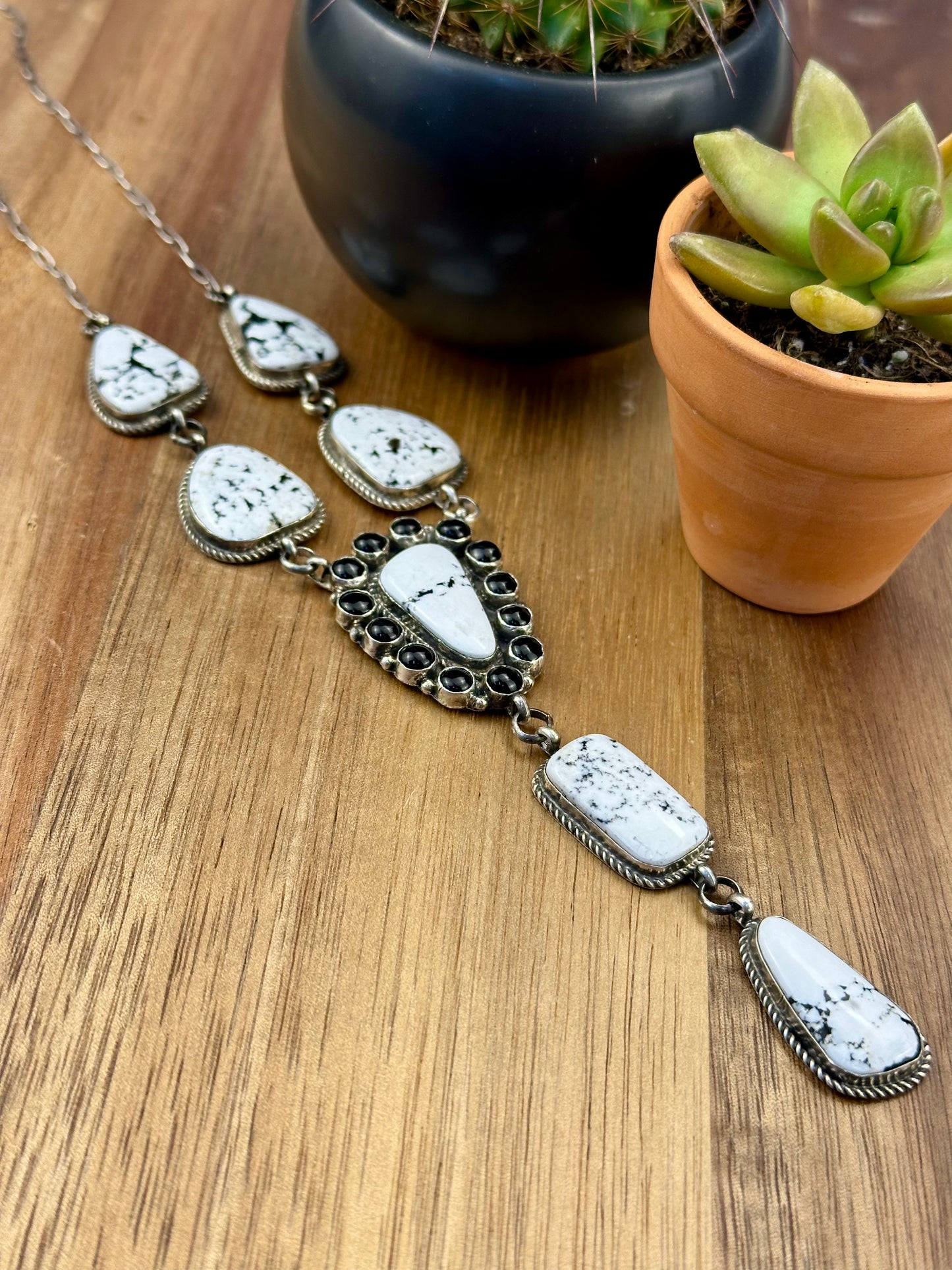 White Buffalo & Onyx Sterling Lariat Necklace