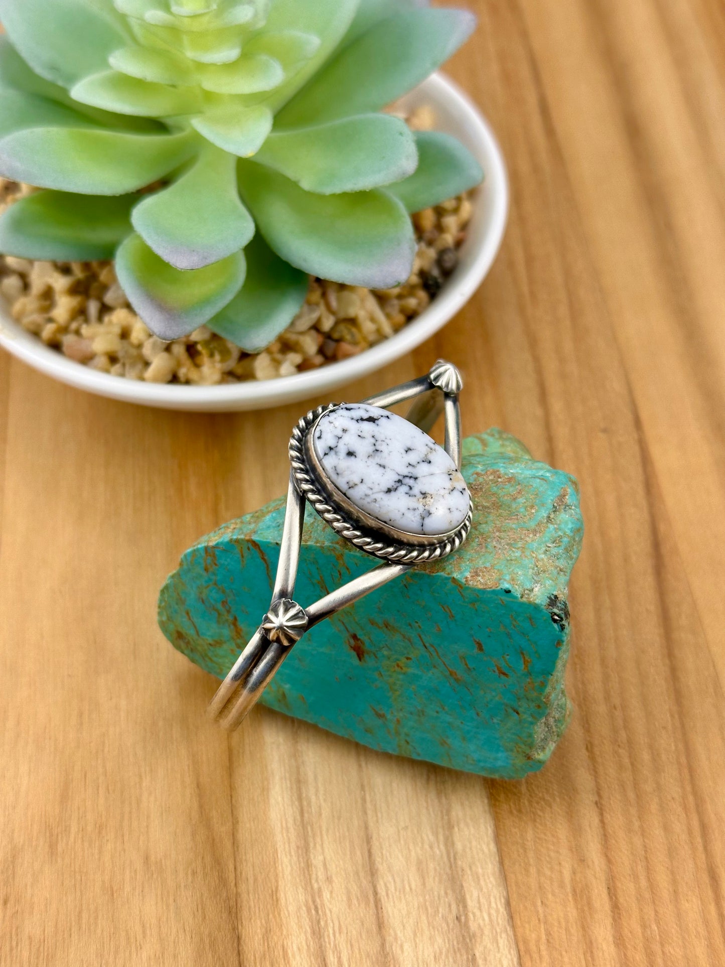 White Buffalo Oval Sterling Silver Cuff