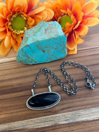Black Onyx Oval Sterling Silver Necklace