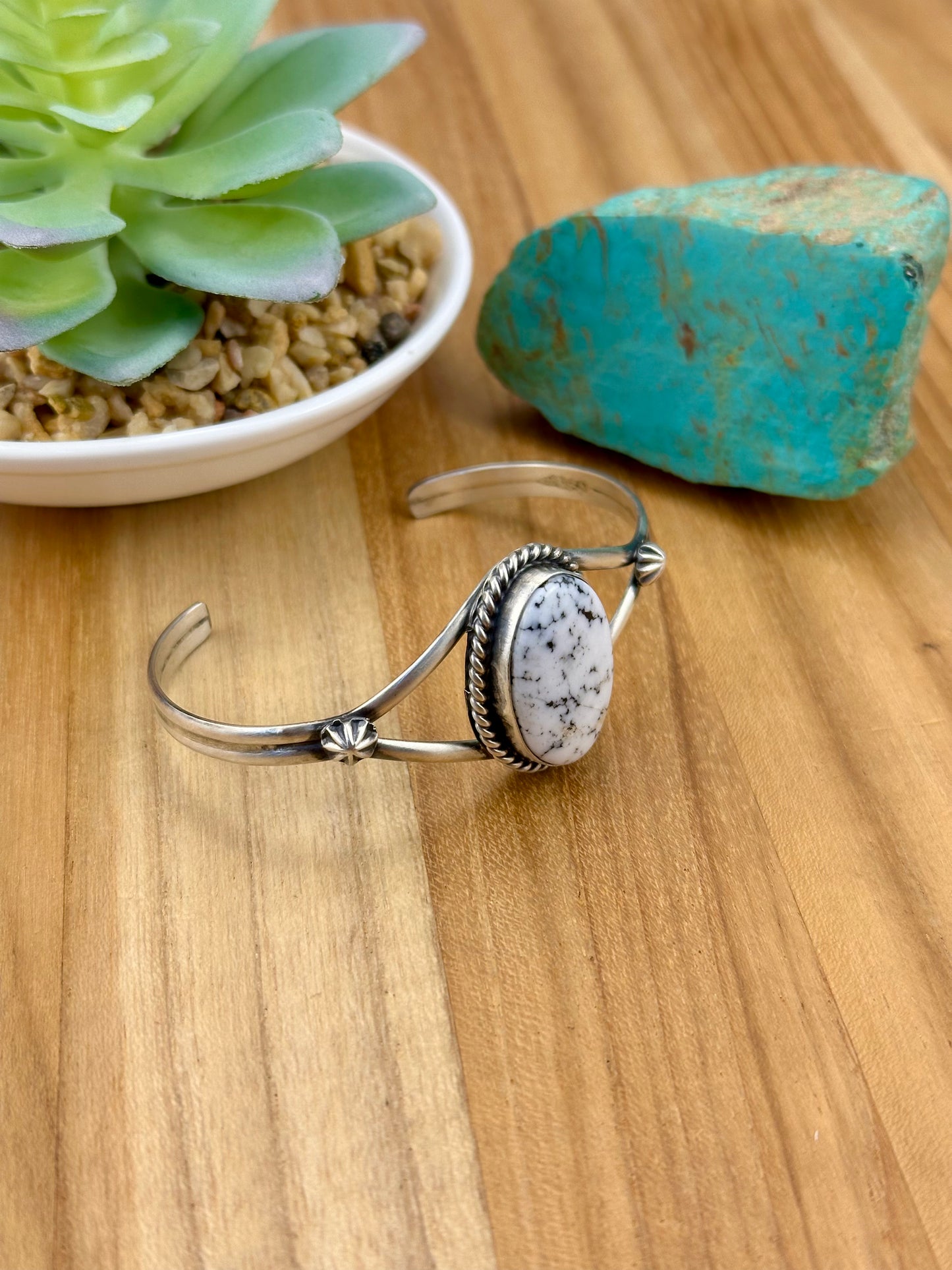 White Buffalo Oval Sterling Silver Cuff
