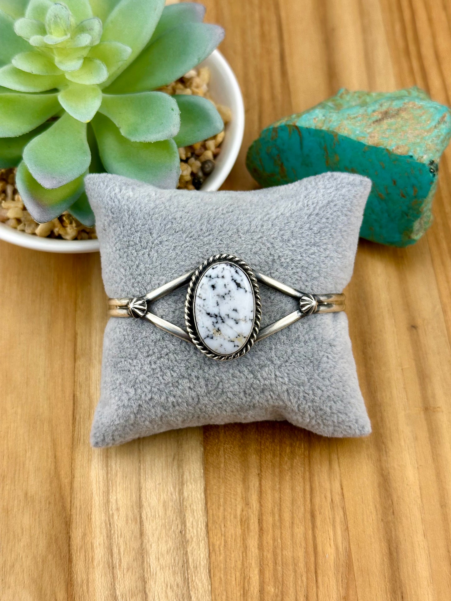 White Buffalo Oval Sterling Silver Cuff