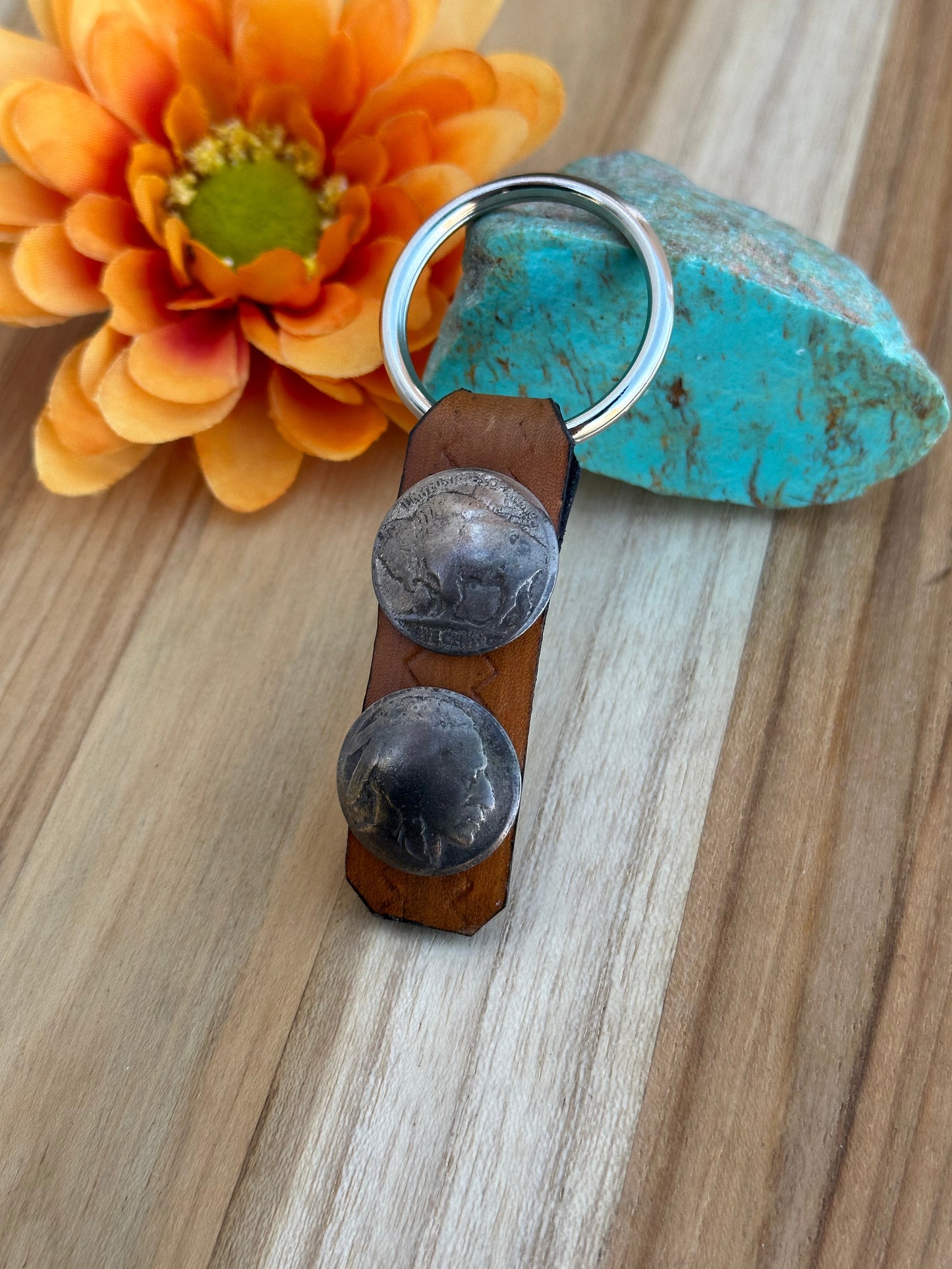 2 Buffalo Coin Keychain Brown