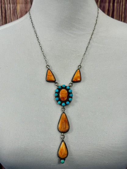 Orange Spiny & Kingman Turquoise Cluster Lariat Necklace