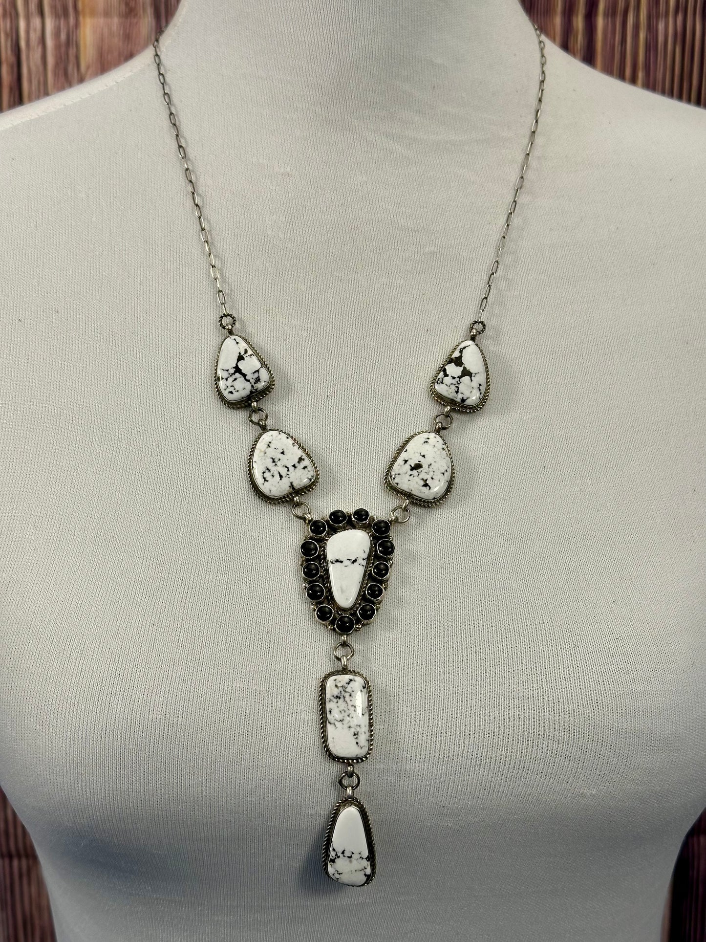 White Buffalo & Onyx Sterling Lariat Necklace