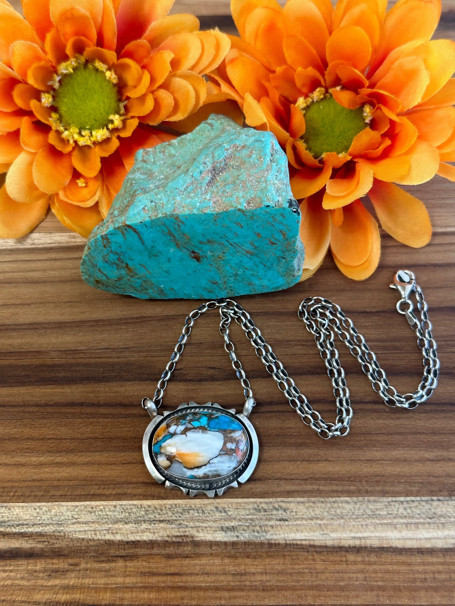 Orange Dalia Oval Sterling Silver Necklace