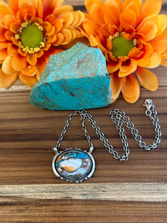 Orange Dalia Oval Sterling Silver Necklace