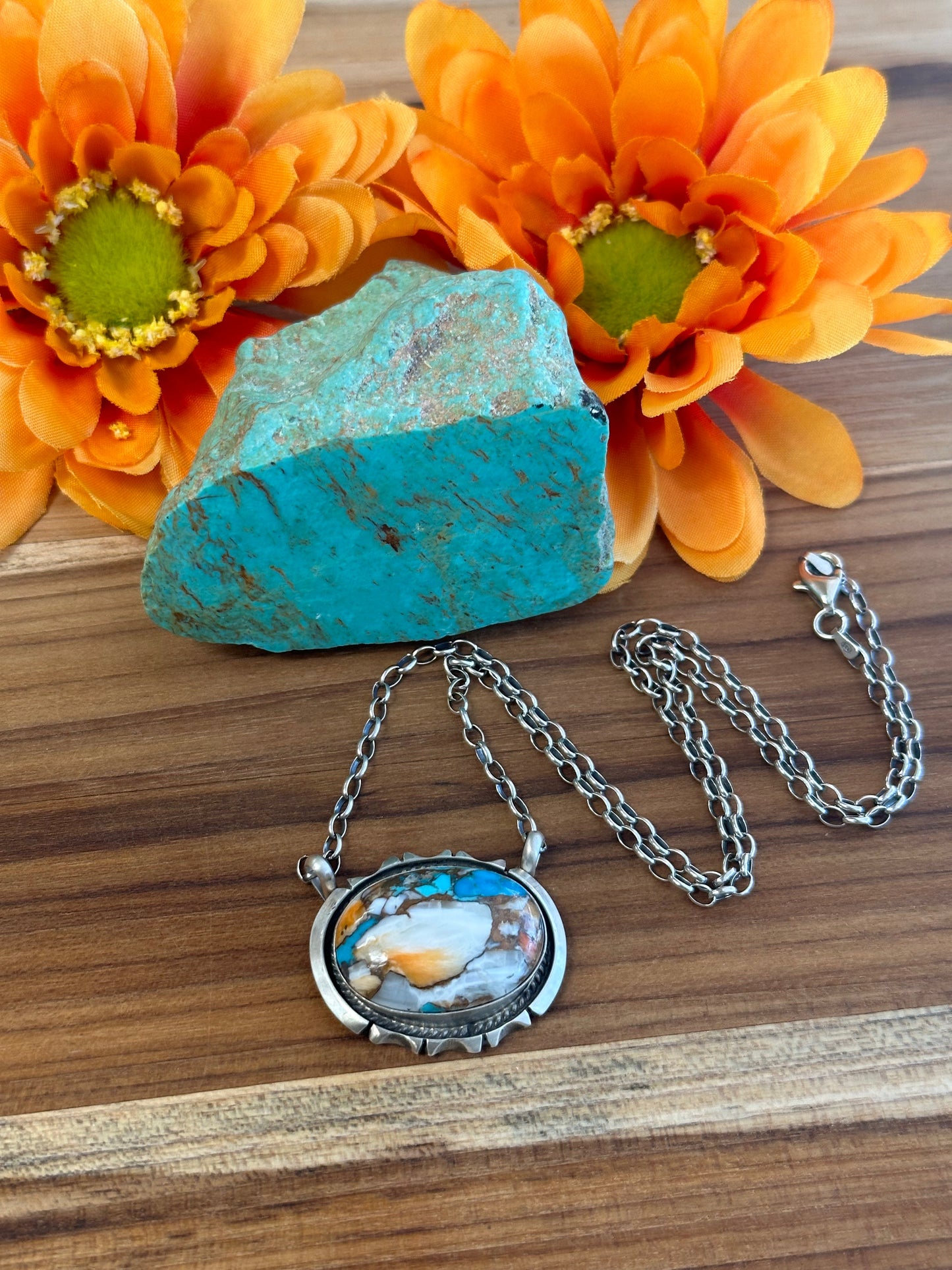 Orange Dalia Oval Sterling Silver Necklace