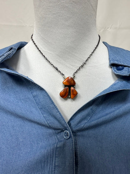 Orange Spiny 3 Stone Fixed Pendant Necklace