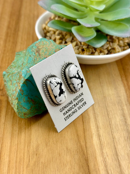 White Buffalo Oval Sterling Stud Earrings