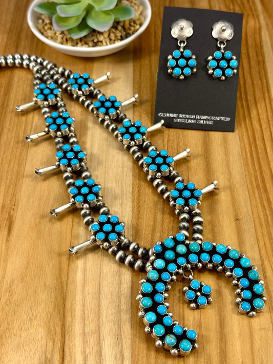 Kingman Turquoise Floral Cluster Squash Blossom Necklace