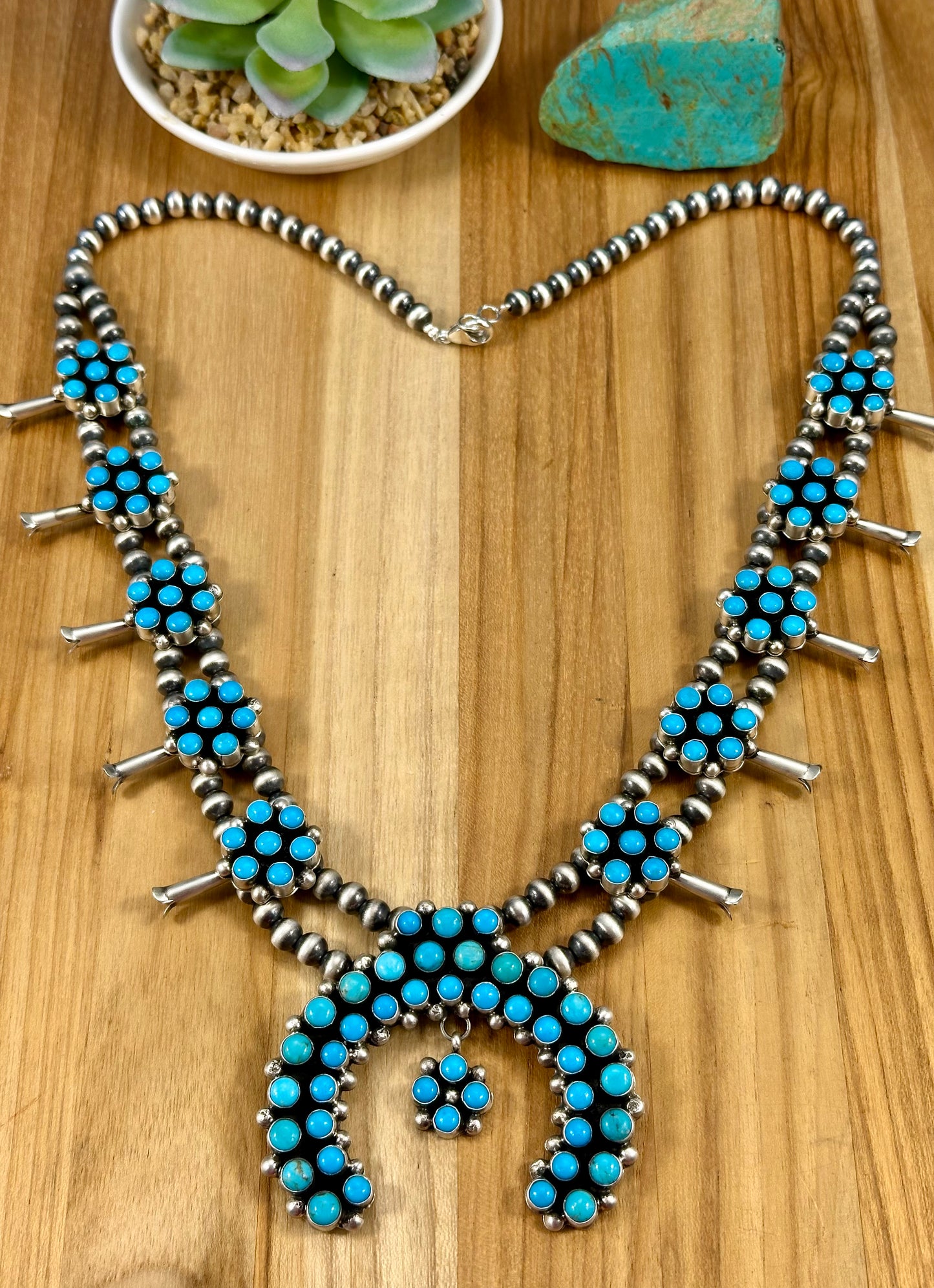 Kingman Turquoise Floral Cluster Squash Blossom Necklace