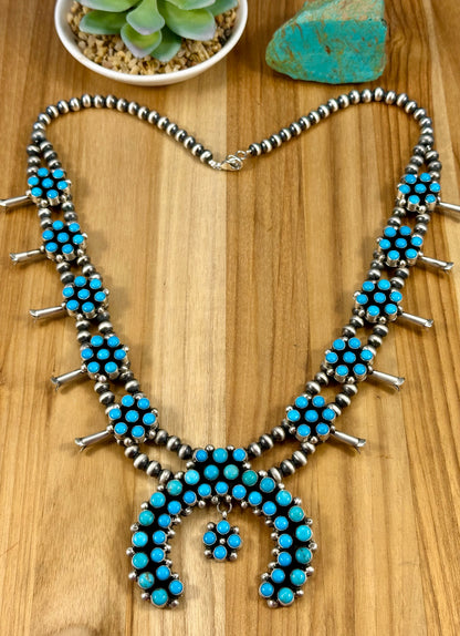 Kingman Turquoise Floral Cluster Squash Blossom Necklace