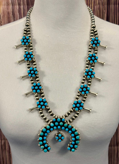 Kingman Turquoise Floral Cluster Squash Blossom Necklace