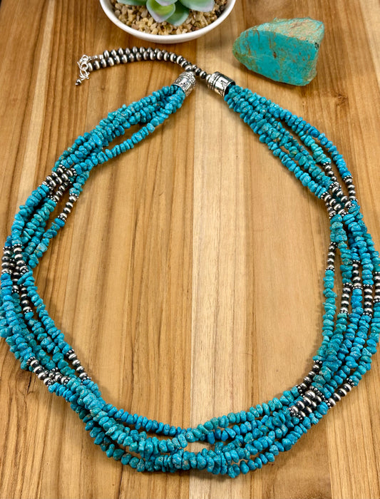 Kingman Turquoise Chip & Sterling Pearl Necklace