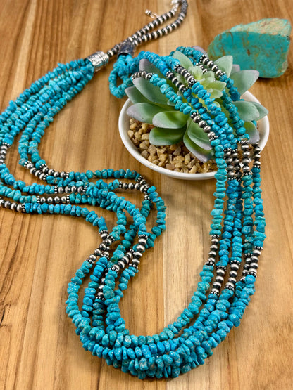 Kingman Turquoise Chip & Sterling Pearl Necklace