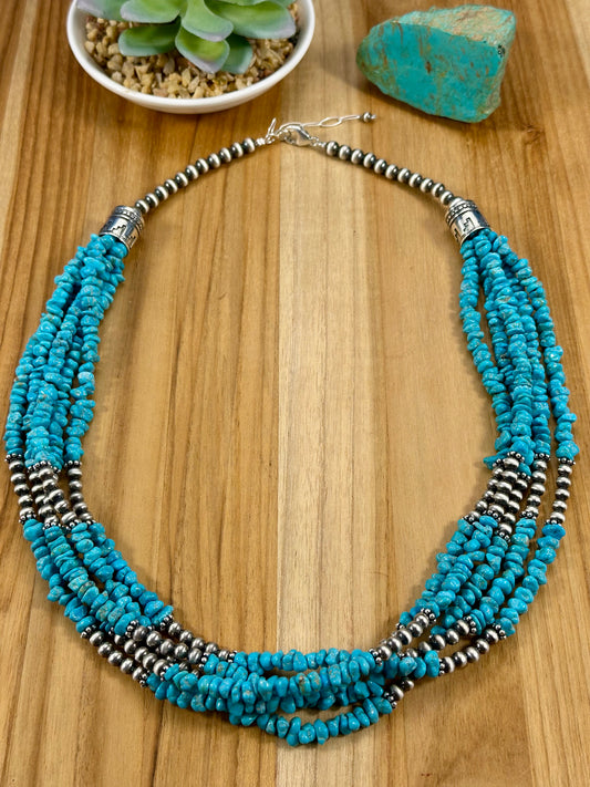 Kingman Turquoise Chip & Sterling Pearl Necklace