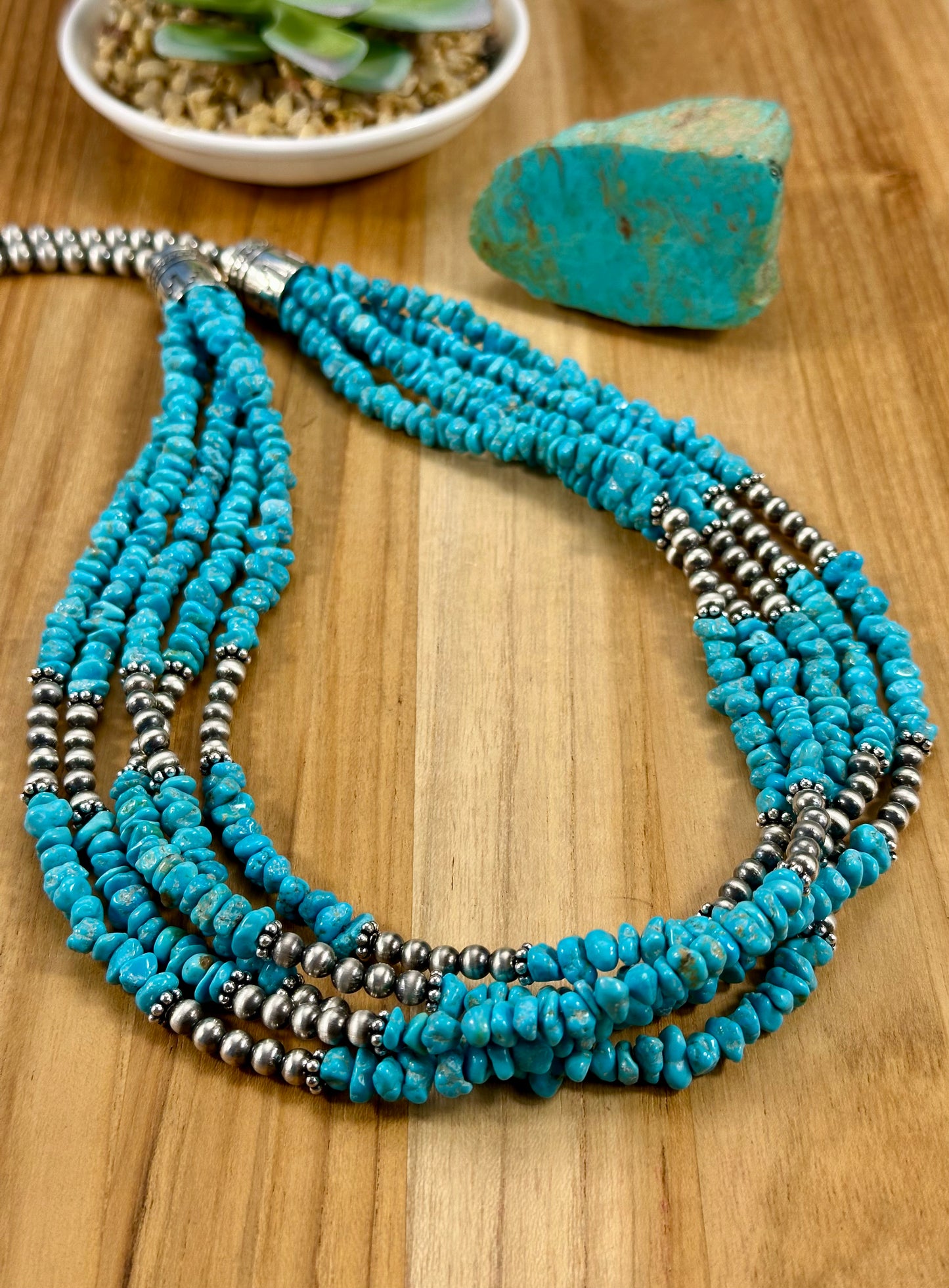 Kingman Turquoise Chip & Sterling Pearl Necklace