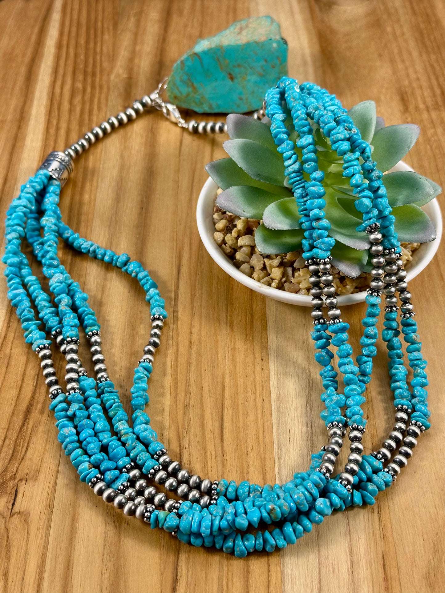 Kingman Turquoise Chip & Sterling Pearl Necklace