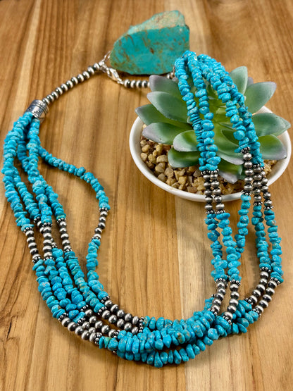Kingman Turquoise Chip & Sterling Pearl Necklace