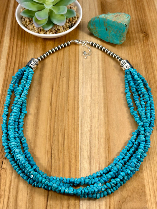 Kingman Turquoise Chip & Sterling Pearl Necklace