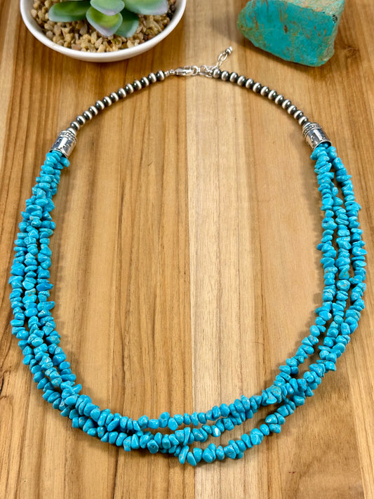 Kingman Turquoise 3 Strand Chip & Sterling Pearl Necklace